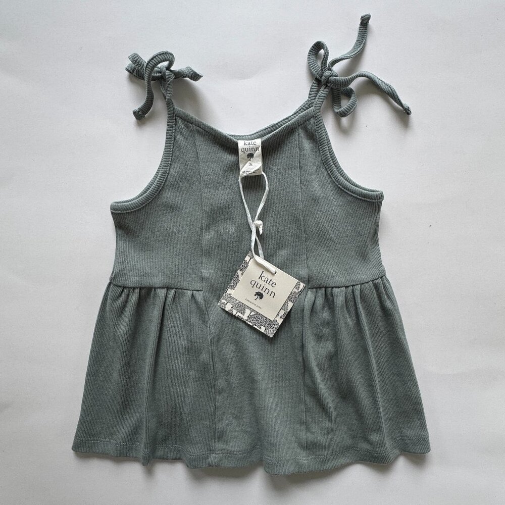 Kate Quinn Ribbed Tank Top | Tie Shoulder, Peplum | Sage Green | 3T | NWT